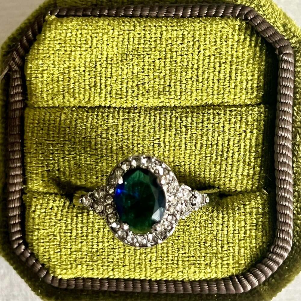 Oval Blue Gemstone Ring with CZ Diamond Halo Titanium Steel Silver Band Size 8